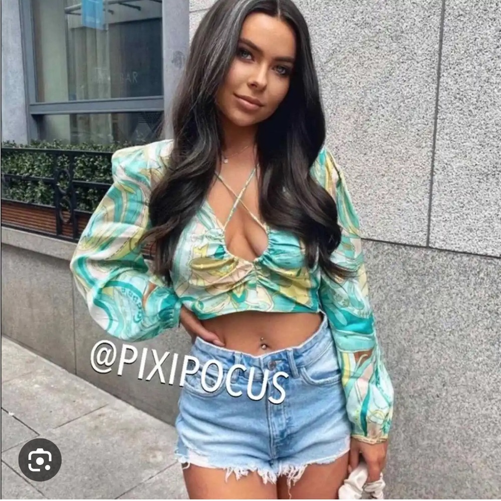 ZARA NWT 2183/046 XS Summer Printed Crop Top Aqua Viral Bloggers Fave PUCCI